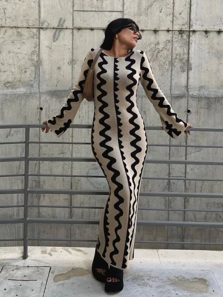 Wave Stripe Knit Bell Sleeve Crew Neck Bodycon Maxi Dress