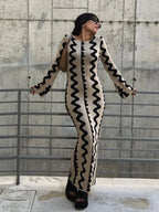 Wave Stripe Knit Bell Sleeve Crew Neck Bodycon Maxi Dress