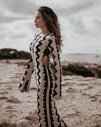 Wave Stripe Knit Bell Sleeve Crew Neck Bodycon Maxi Dress