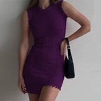 Cable Knit Sleeveless Crew Neck Asymmetric Frayed Hem Mini Sweater Dress