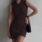 Cable Knit Sleeveless Crew Neck Asymmetric Frayed Hem Mini Sweater Dress