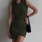 Cable Knit Sleeveless Crew Neck Asymmetric Frayed Hem Mini Sweater Dress