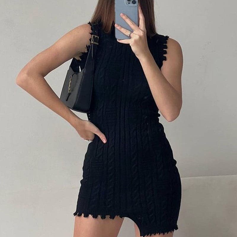 Cable Knit Sleeveless Crew Neck Asymmetric Frayed Hem Mini Sweater Dress