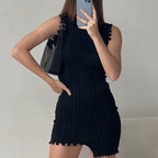 Cable Knit Sleeveless Crew Neck Asymmetric Frayed Hem Mini Sweater Dress