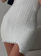 Cable Knit Sleeveless Crew Neck Asymmetric Frayed Hem Mini Sweater Dress