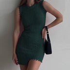 Cable Knit Sleeveless Crew Neck Asymmetric Frayed Hem Mini Sweater Dress
