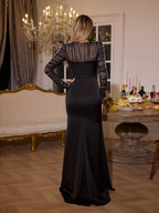 Mesh Long Sleeve Pearl Embellished Deep V-Neck High Split Maxi Gown