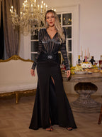 Mesh Long Sleeve Pearl Embellished Deep V-Neck High Split Maxi Gown