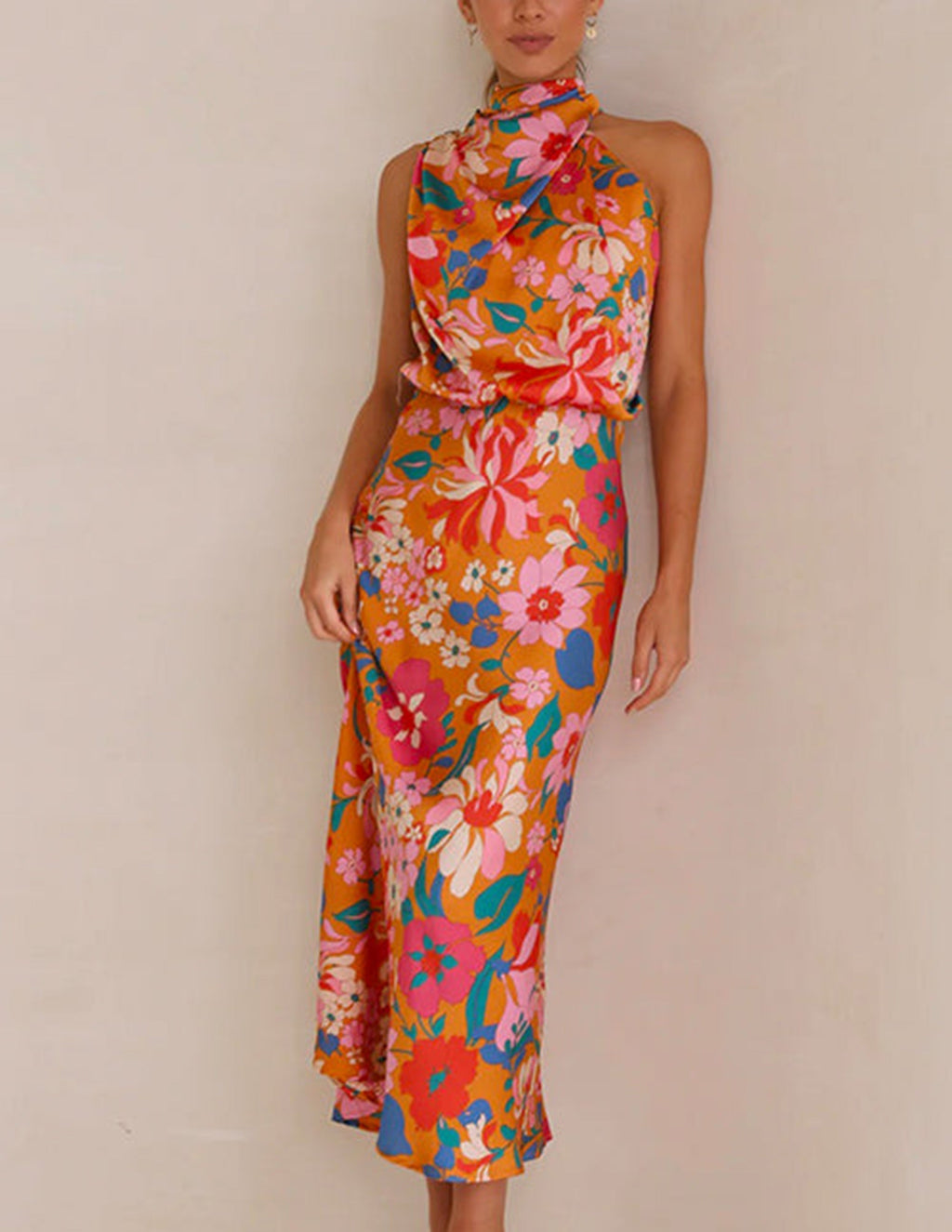 Floral Print Halter Cowl Neck Sleeveless Blouson Maxi Dress