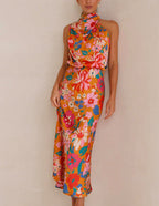Floral Print Halter Cowl Neck Sleeveless Blouson Maxi Dress