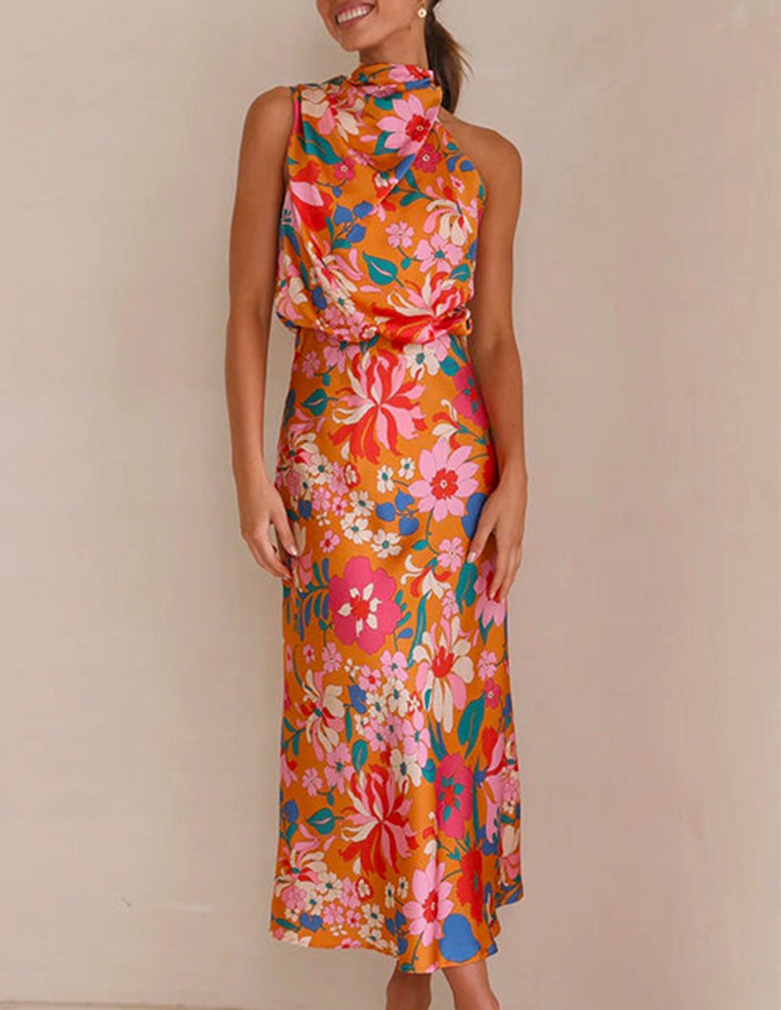 Floral Print Halter Cowl Neck Sleeveless Blouson Maxi Dress