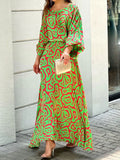 Abstract Print Lantern Sleeve Round Neck Maxi Skirt Set