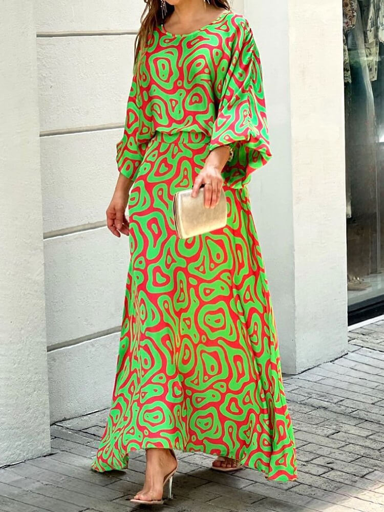 Abstract Print Lantern Sleeve Round Neck Maxi Skirt Set