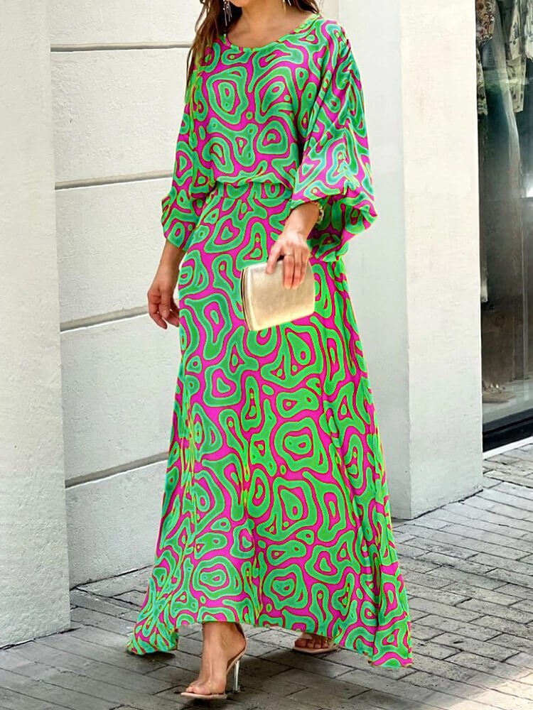 Abstract Print Lantern Sleeve Round Neck Maxi Skirt Set