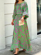 Abstract Print Lantern Sleeve Round Neck Maxi Skirt Set