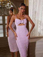 Mesh Spaghetti Strap Rosette Keyhole Ruched Bodycon Midi Dress