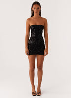 Strapless Floral Embroidered Mesh Overlay Bodycon Mini Dress