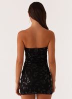 Strapless Floral Embroidered Mesh Overlay Bodycon Mini Dress