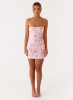 Strapless Floral Embroidered Mesh Overlay Bodycon Mini Dress