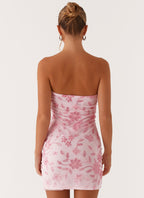 Strapless Floral Embroidered Mesh Overlay Bodycon Mini Dress