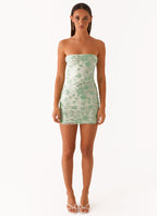 Strapless Floral Embroidered Mesh Overlay Bodycon Mini Dress