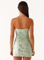 Strapless Floral Embroidered Mesh Overlay Bodycon Mini Dress