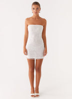 Strapless Floral Embroidered Mesh Overlay Bodycon Mini Dress