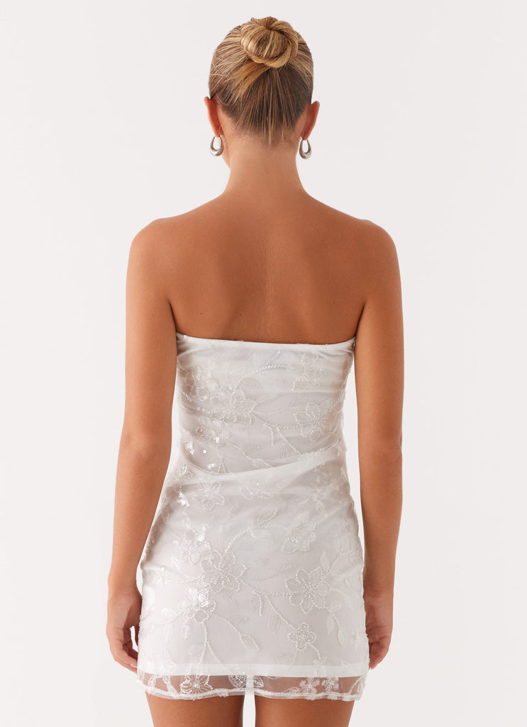 Strapless Floral Embroidered Mesh Overlay Bodycon Mini Dress