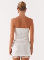 Strapless Floral Embroidered Mesh Overlay Bodycon Mini Dress