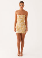 Strapless Floral Embroidered Mesh Overlay Bodycon Mini Dress
