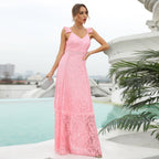 Floral Lace Deep V-Neck Flutter Strap Crochet Waist Maxi Dress