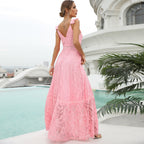 Floral Lace Deep V-Neck Flutter Strap Crochet Waist Maxi Dress