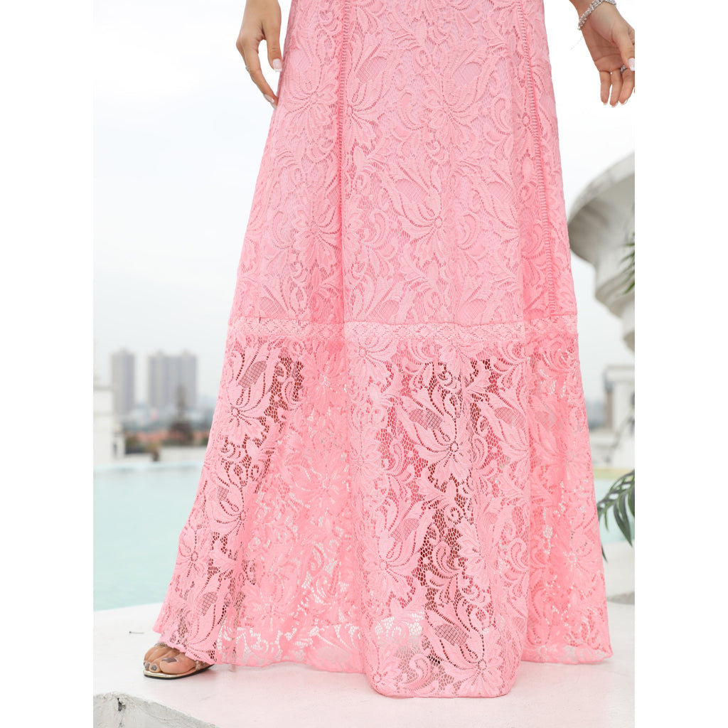 Floral Lace Deep V-Neck Flutter Strap Crochet Waist Maxi Dress