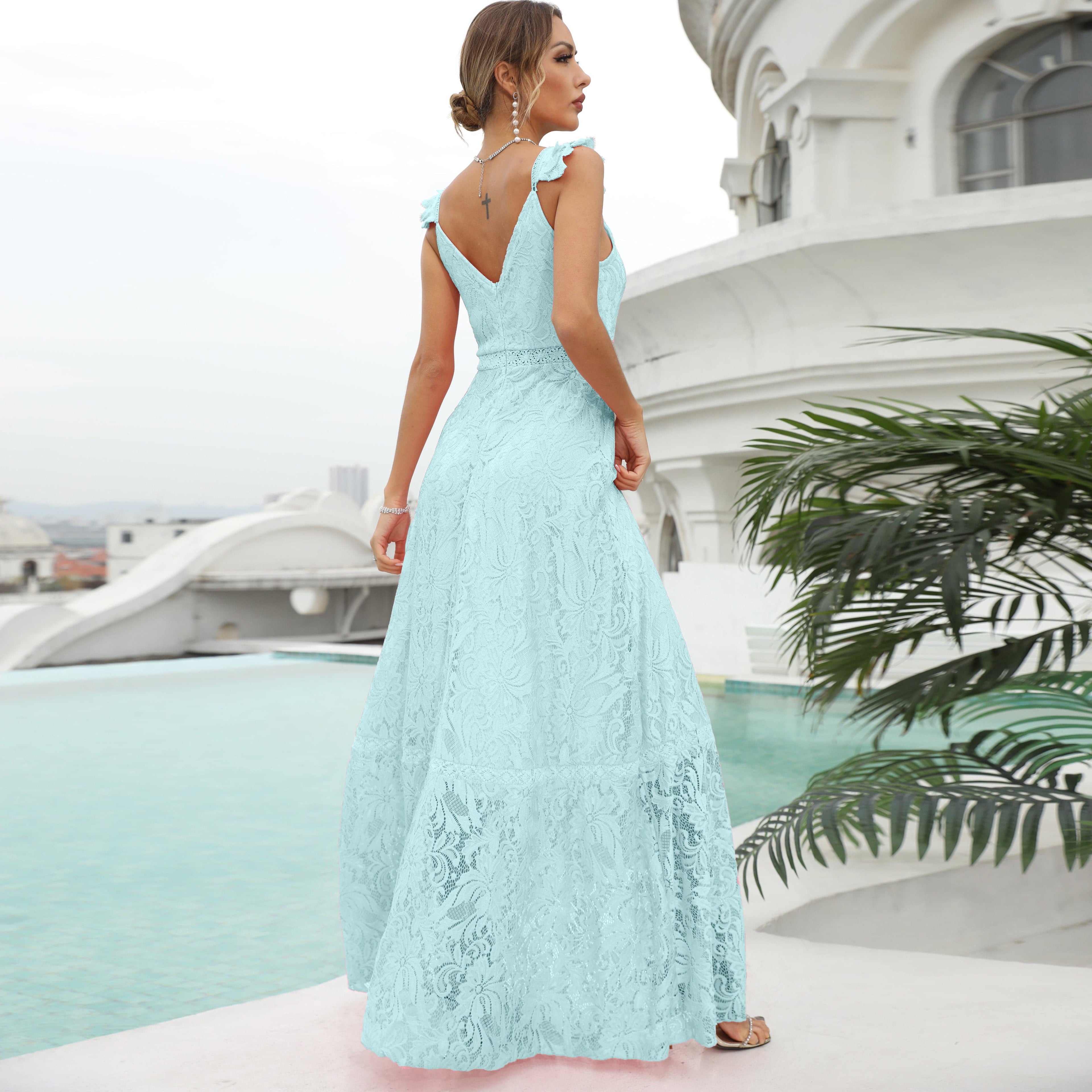 Floral Lace Deep V-Neck Flutter Strap Crochet Waist Maxi Dress