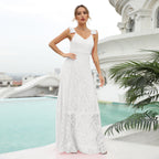 Floral Lace Deep V-Neck Flutter Strap Crochet Waist Maxi Dress