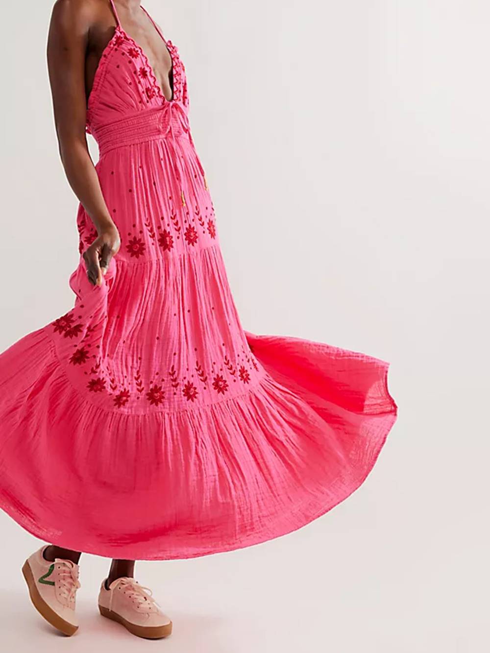 Floral Embroidery Plunging V-Neck Tie Waist Tiered Gauze Maxi Dress