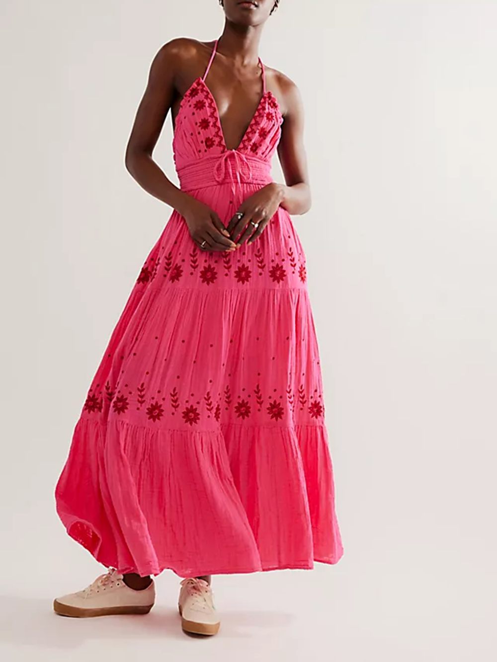 Floral Embroidery Plunging V-Neck Tie Waist Tiered Gauze Maxi Dress