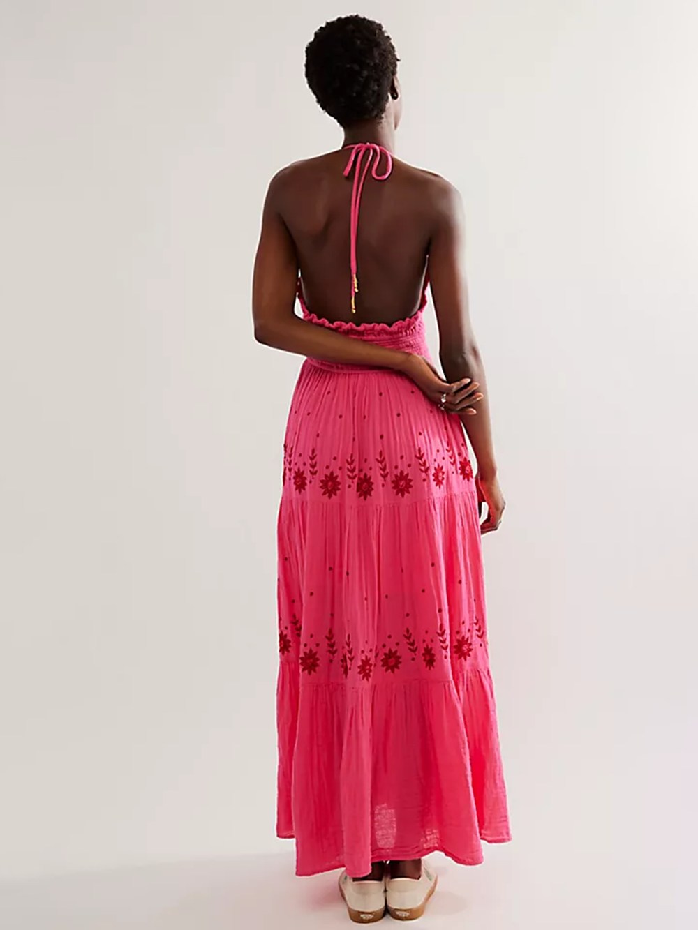Floral Embroidery Plunging V-Neck Tie Waist Tiered Gauze Maxi Dress