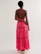Floral Embroidery Plunging V-Neck Tie Waist Tiered Gauze Maxi Dress