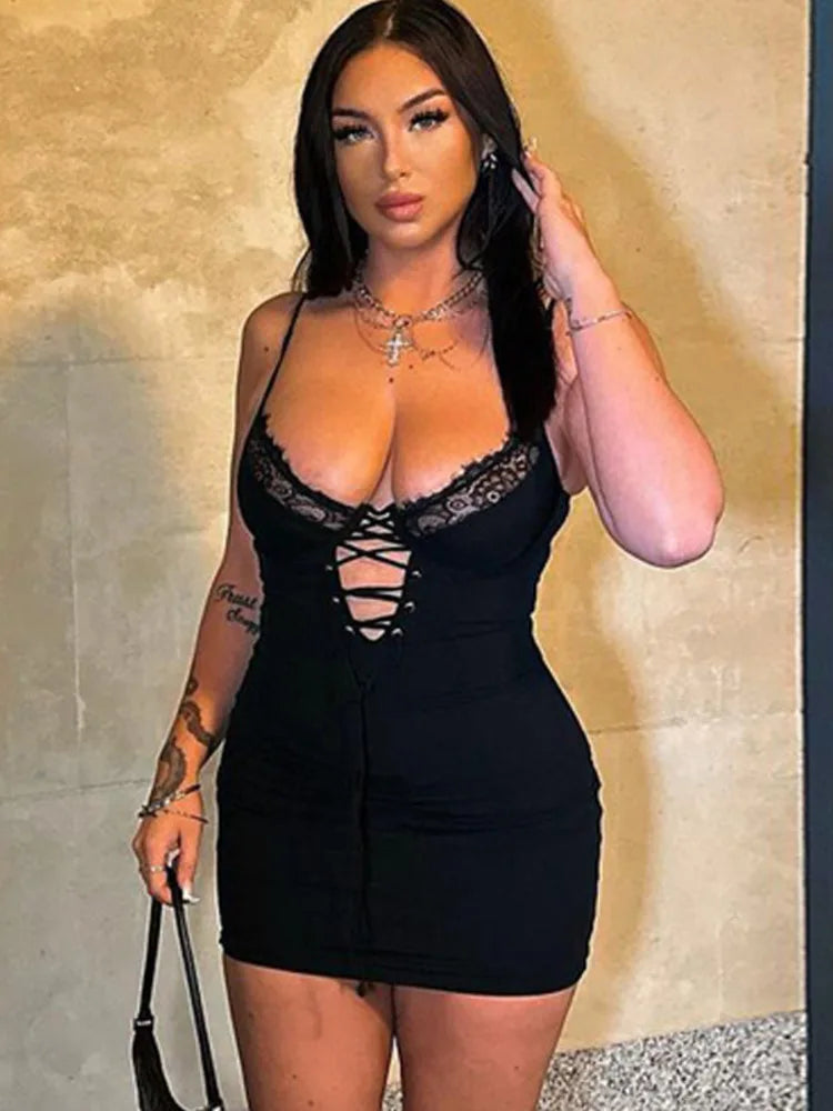 Lace Trim Spaghetti Strap Corset Lace-Up Front Bodycon Mini Dress