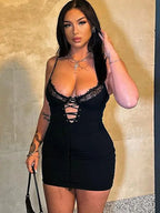 Lace Trim Spaghetti Strap Corset Lace-Up Front Bodycon Mini Dress