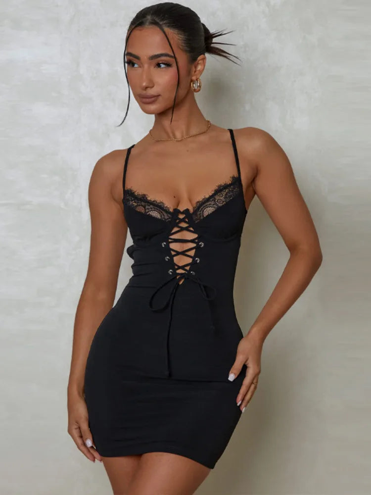 Lace Trim Spaghetti Strap Corset Lace-Up Front Bodycon Mini Dress