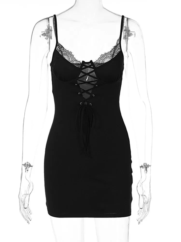 Lace Trim Spaghetti Strap Corset Lace-Up Front Bodycon Mini Dress