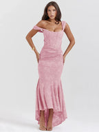 Floral Jacquard Off Shoulder Corset Ruched Mermaid High Low Gown