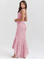 Floral Jacquard Off Shoulder Corset Ruched Mermaid High Low Gown