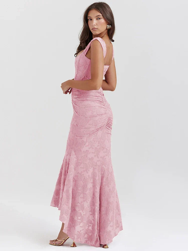 Floral Jacquard Off Shoulder Corset Ruched Mermaid High Low Gown