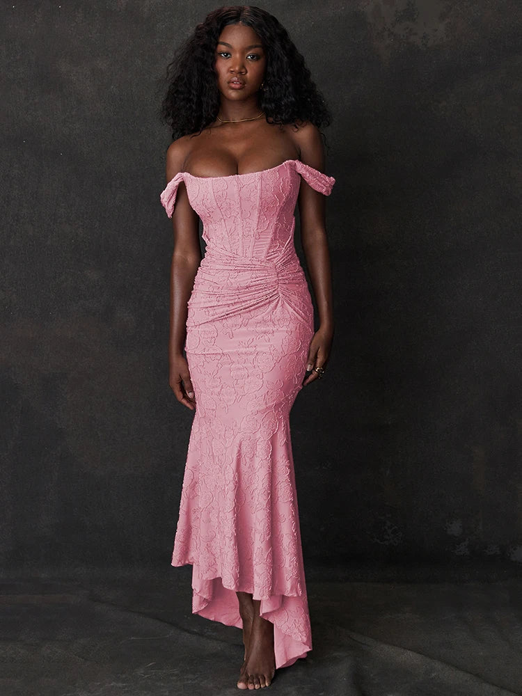 Floral Jacquard Off Shoulder Corset Ruched Mermaid High Low Gown