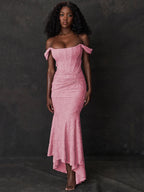 Floral Jacquard Off Shoulder Corset Ruched Mermaid High Low Gown