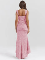 Floral Jacquard Off Shoulder Corset Ruched Mermaid High Low Gown
