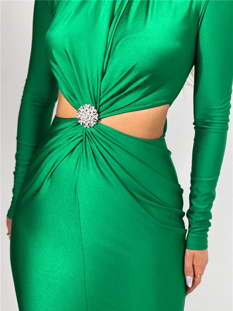 Mock Neck Ruched Long Sleeve Rhinestone Brooch Waist Cutout Bodycon Maxi Dress
